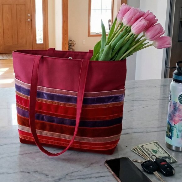 Bath & Body Works Handbags - Nice Bath & Body Works Burgundy Tote Satin Velvet Stripes Roomy Purse/Handbag